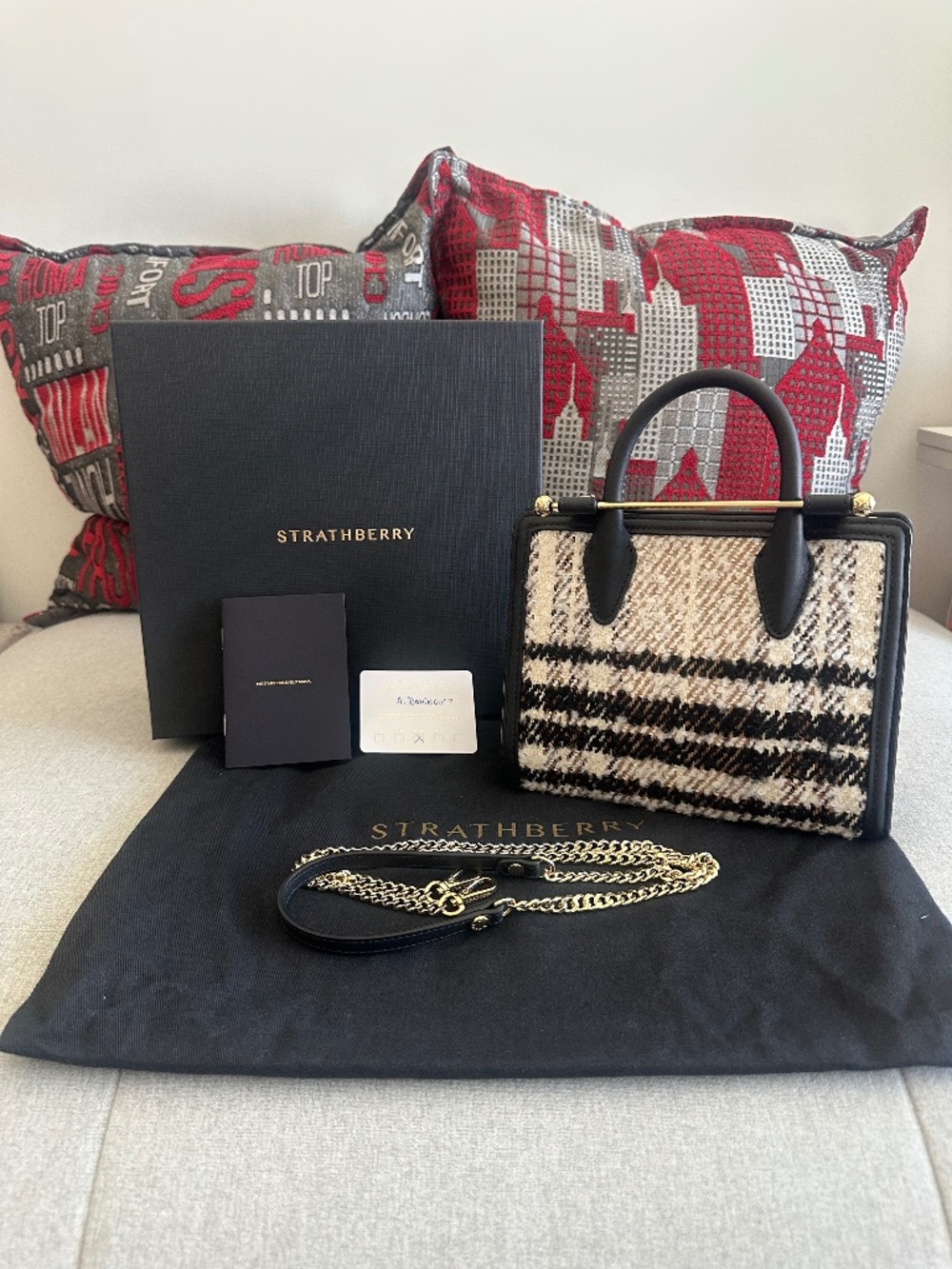 Strathberry Mini Tote Black Bouclé Tartan Limited Edition | Full Set